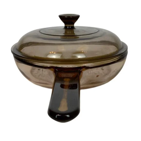 Vintage Vision Corning 7 inch Amber Glass Skillet Waffle Bottom Pyrex Lid - Picture 3 of 9